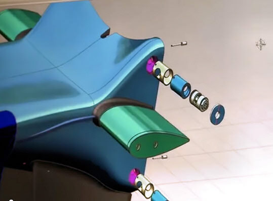 Parts of the quarter turn fastening system that hold the nose onto the chassis