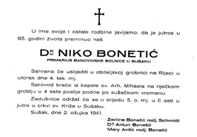 Niko Bonetić, osmrtnica
