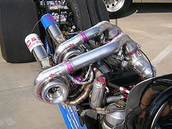 Pair of turbochargers on inline 6 engine 2JZ-GTE Toyota Supra fitter in dragster