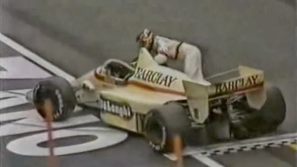 Thierry Boutsen pushing his car over the finish line, 1985 San Marino Grand Prix, Imola
