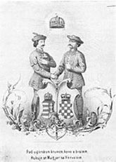 Karikatura Julija Huhna iz 1860. Pod ugarskom krunom, kano s bratom, rukuje se Mađar s Hrvatom