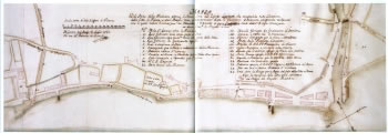 Karta Antonija de Vernede sa već izgrađenim riječkim predjelima izvan gradskih zidina